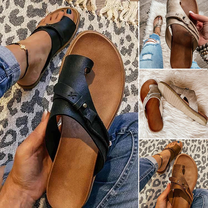 Women's Flat Sandals Slip-On Leather Boho Brown