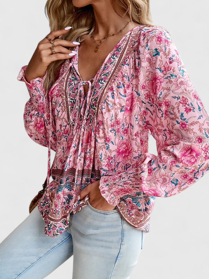 Women's Floral Blouse V-Neck Puff Sleeve