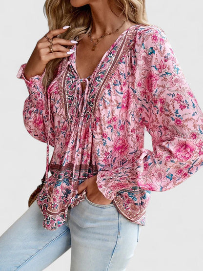 Women's Floral Blouse V-Neck Puff Sleeve