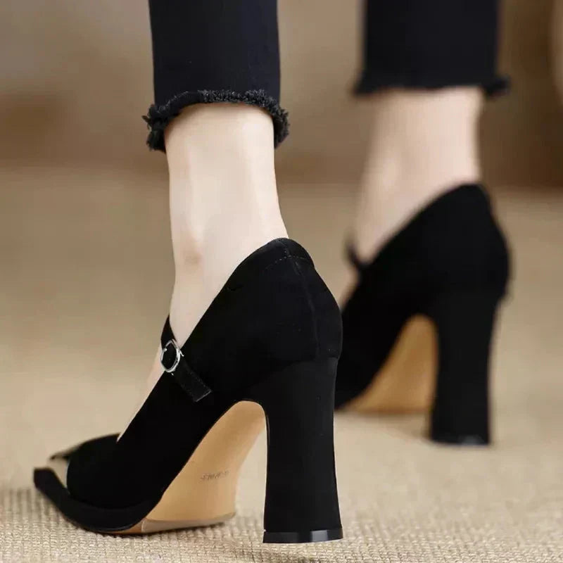Serena Women's Block Heel Pumps Cap Toe Strap