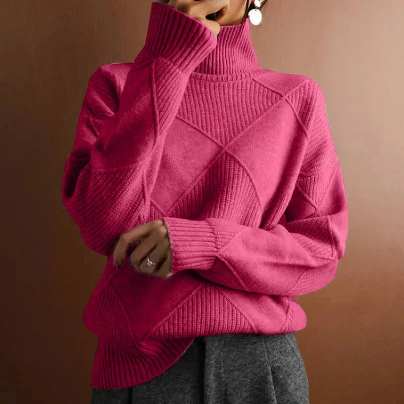 Geometric Ribbed Relaxed Fit Wool Turtleneck Sweater for Women – Cozy & Stylish Everyday Wear Caliboot