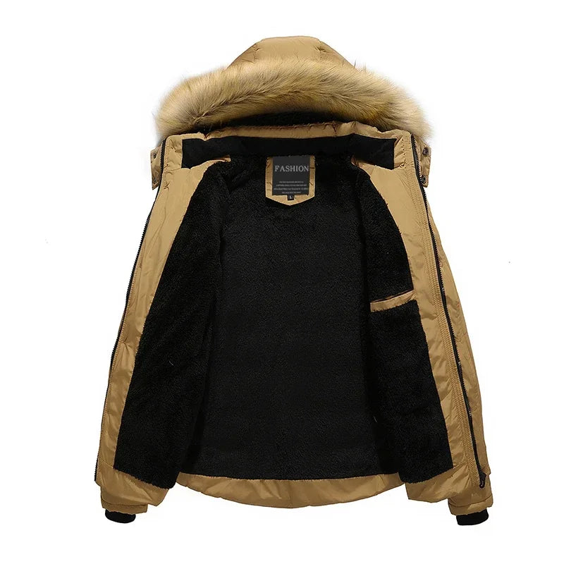 Men's Down Parka Wool Lined Hooded Fur Collar Jacket
