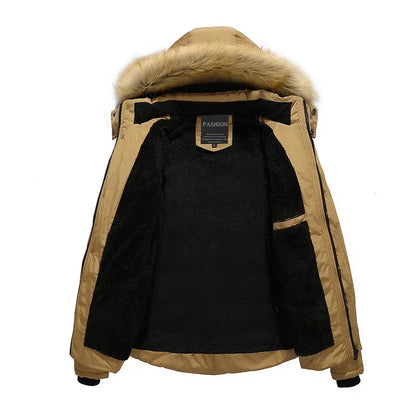 Men's Down Parka Wool Lined Hooded Fur Collar Jacket