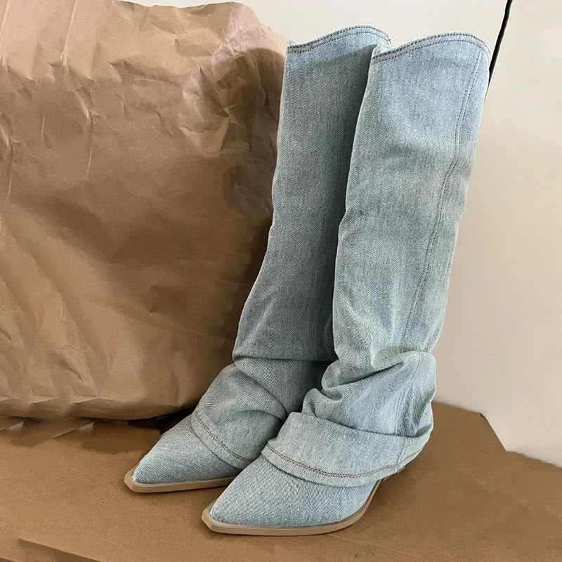 Women's Western Knee High Boots Pointed Toe Heeled Design