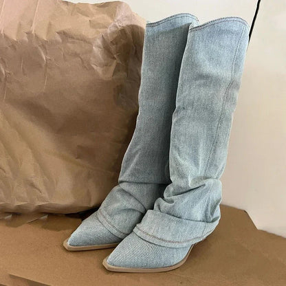 Women's Western Knee High Boots Pointed Toe Heeled Design