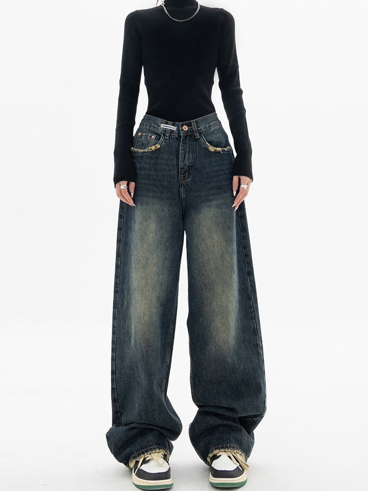Women's High Waisted Distressed Wide Leg Jeans Comfortable Blue - Vonnera