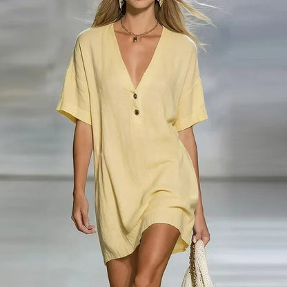Linen V Neck Shirt Dress - Vonnera