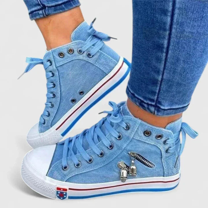 Women's Denim High Sneakers Lace-Up Side Zip - Vonnera