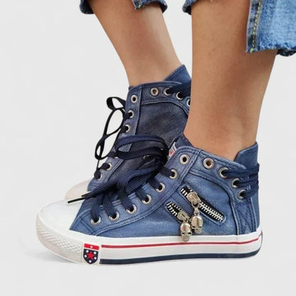 Women's Denim High Sneakers Lace-Up Side Zip