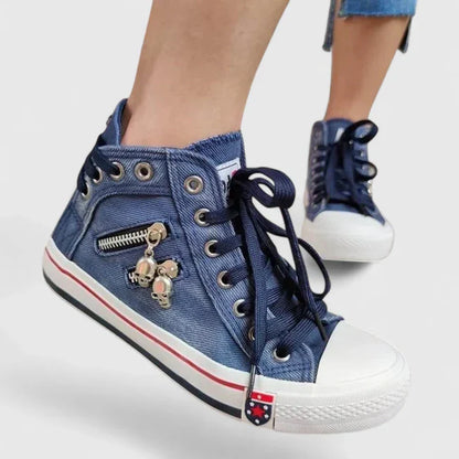 Freya | Women's Denim High Top Lace-Up Sneakers with Side Zip