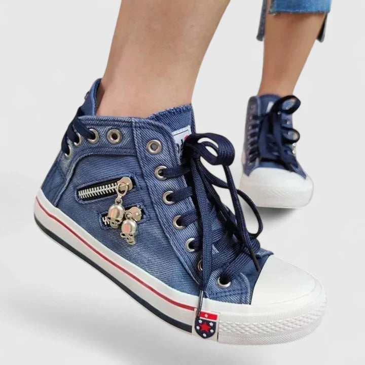 Women's Denim High Sneakers Lace-Up Side Zip