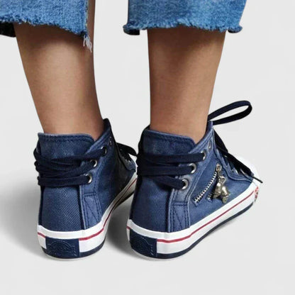 Freya | Women's Denim High Top Lace-Up Sneakers with Side Zip