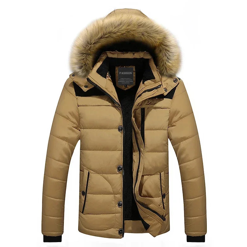 Men's Down Parka Wool Lined Hooded Fur Collar Jacket