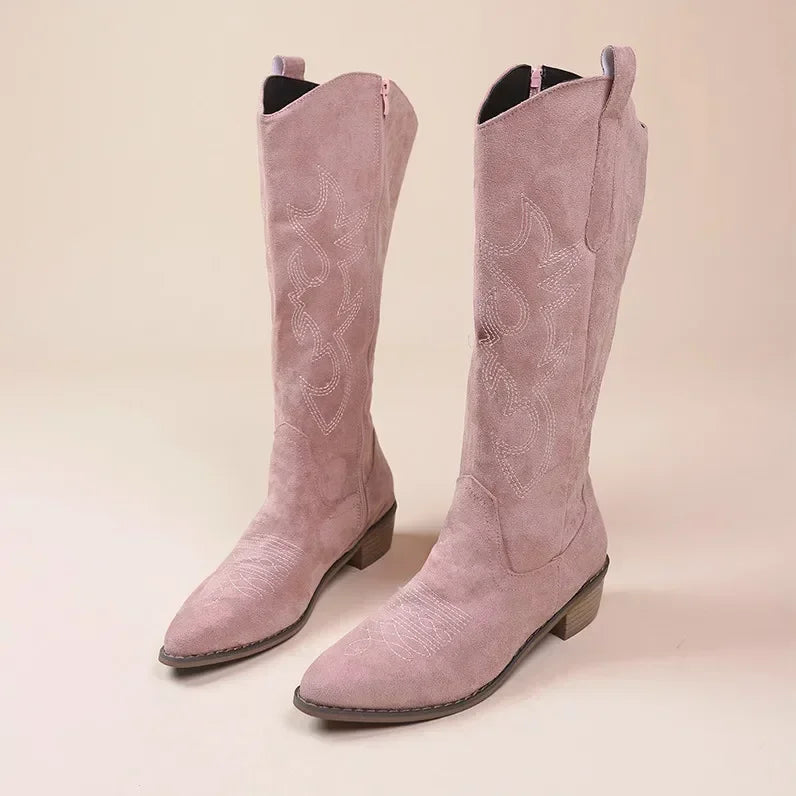 Women's Knee High Cowboy Boots Embroidered Brown