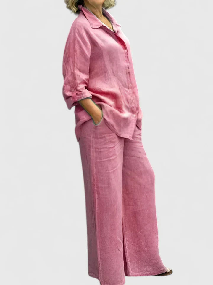 Women's Two-Piece Button-Down Shirt Set Wide Leg Pants - Vonnera