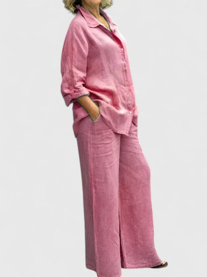 Women's Two-Piece Button-Down Shirt Set Wide Leg Pants - Vonnera