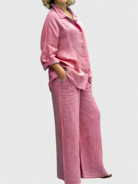 Women's Two-Piece Button-Down Shirt Set Wide Leg Pants - Vonnera