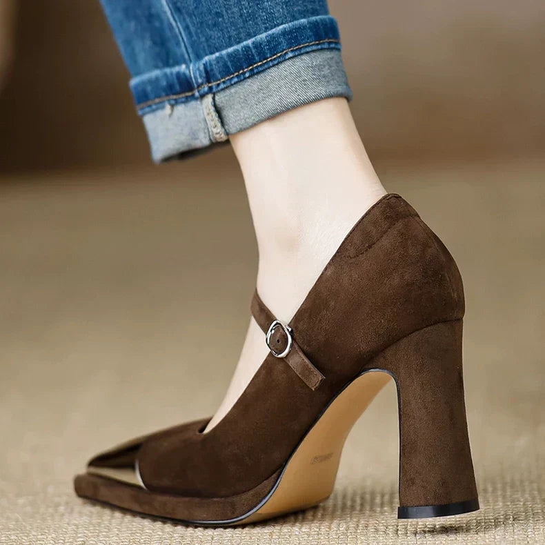 Serena Women's Block Heel Pumps Cap Toe Strap