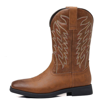Men's Western Cowboy Boots Mid-Calf Square Toe Leather Brown