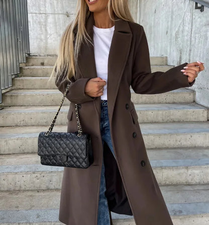 Women's Double-Breasted Winter Coat Wool Classic Fit Belted Black