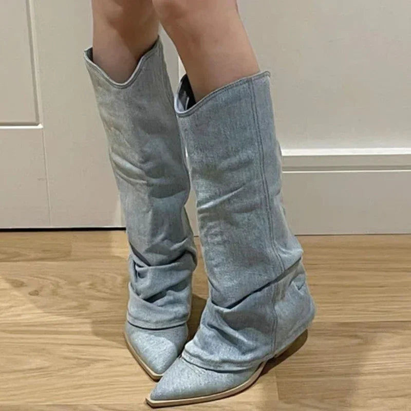 Women's Western Knee High Boots Pointed Toe Heeled Design - Vonnera