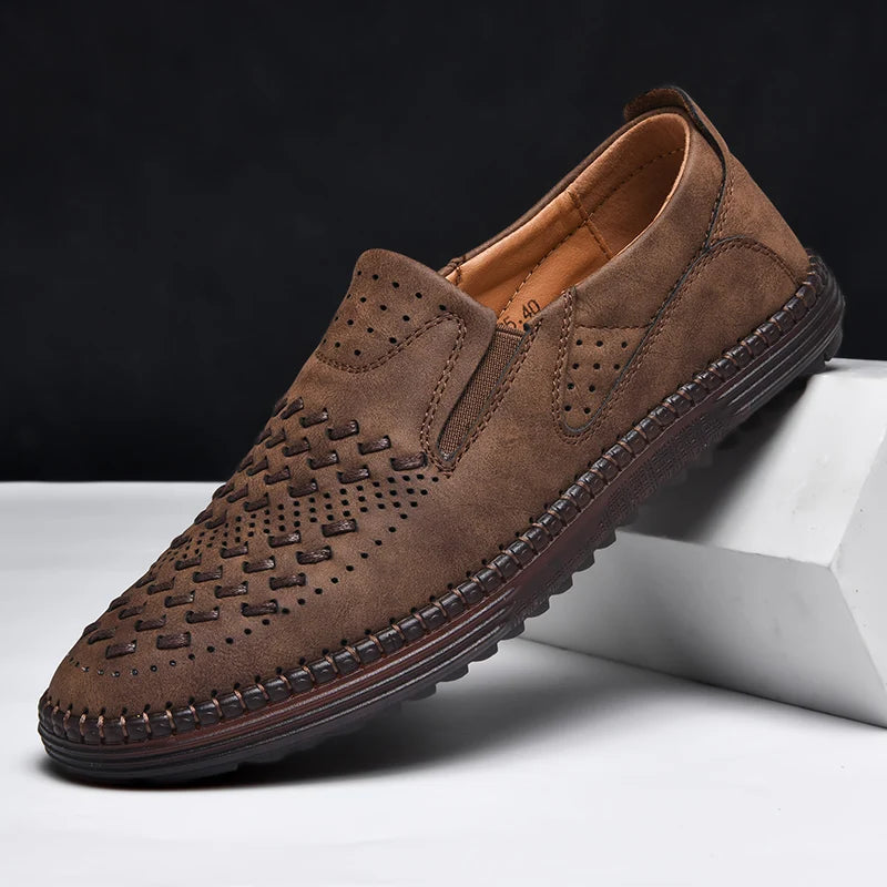 Men's Perforated Loafers Textured Leather Upper
