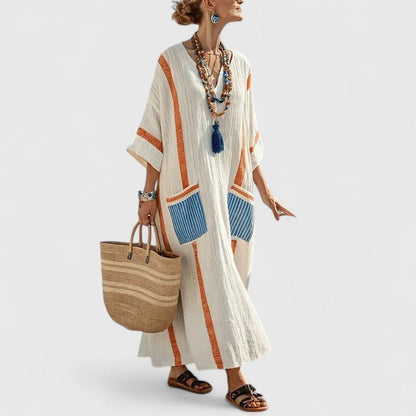 Women's Striped Linen Maxi Dress With Pockets