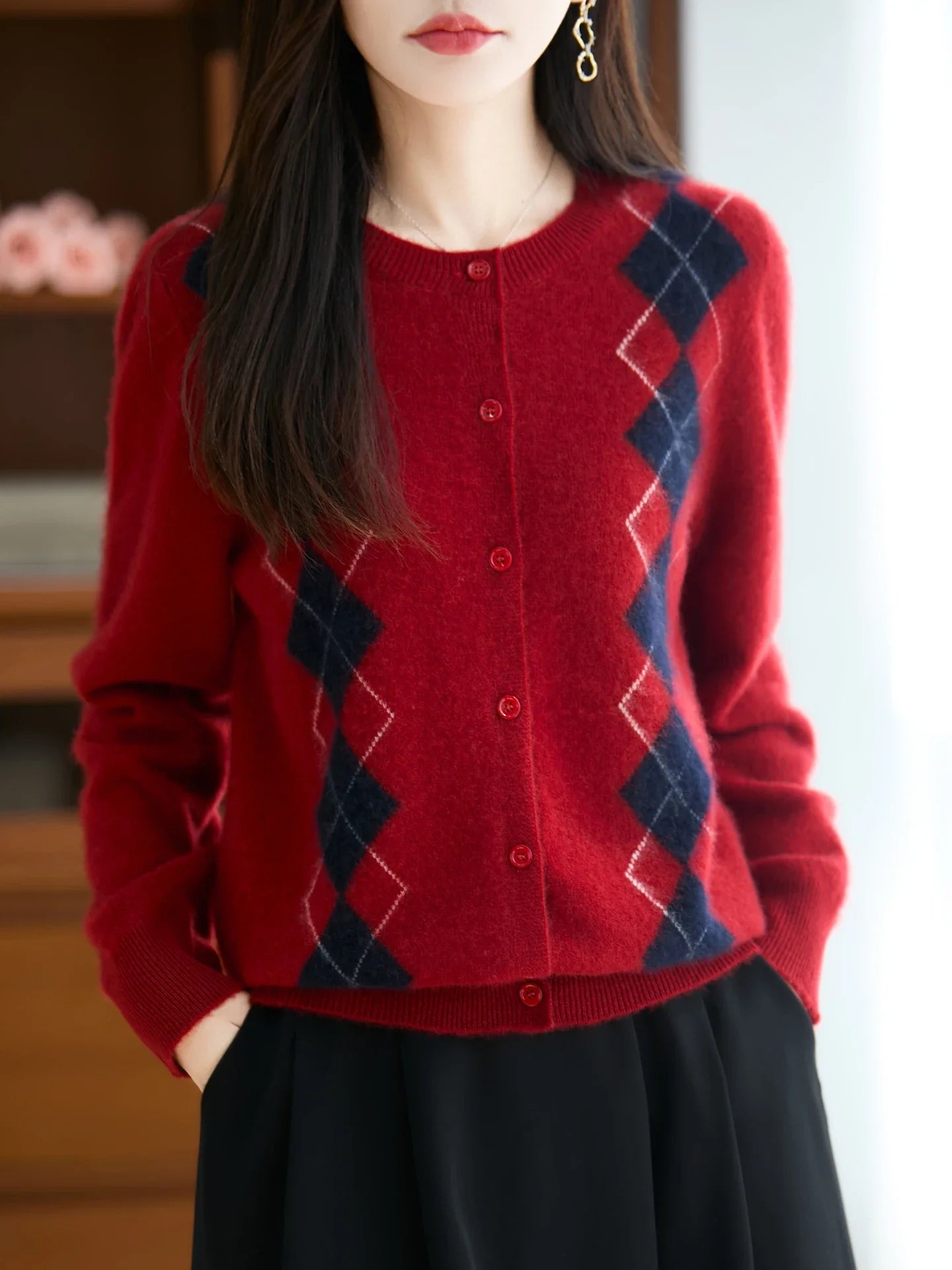 Merino Wool Blend Argyle Cardigan - Vonnera