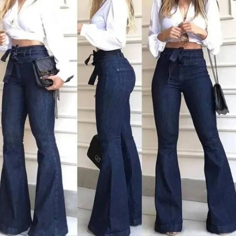 Women's High Waist Slim Fit Jeans Zipper Fly Dark Blue