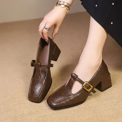 Women's Block Heel Mary Jane Shoes Gold Buckle - Vonnera
