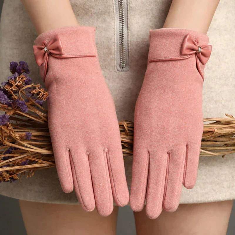 Women's Bow Detail Wrist Gloves Fitted Cozy Design - Vonnera