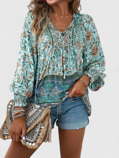 Women's Floral Blouse V-Neck Puff Sleeve