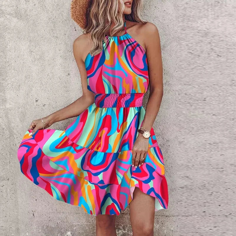 Sutton | Women's Asymmetric Backless Flowy Printed Mini Dress