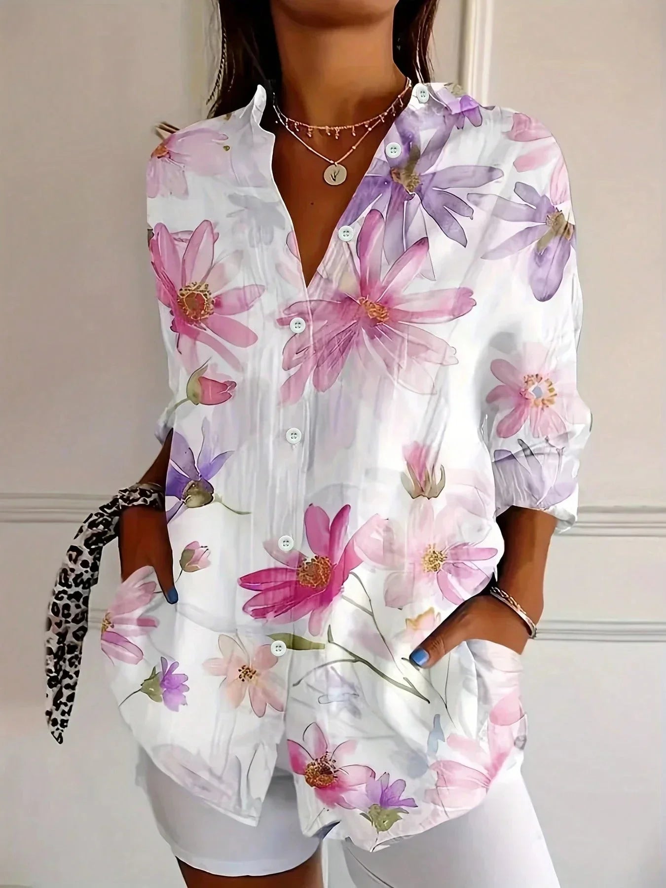 Women's Button Front Printed Blouse