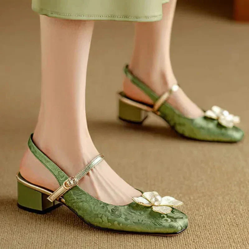 Women's Floral Pumps Block Heel Jacquard Strap