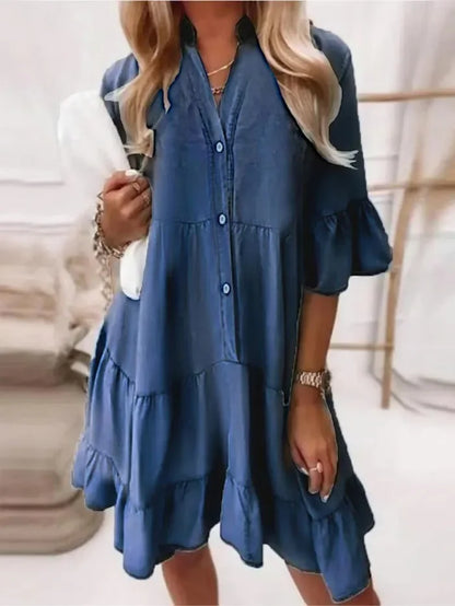 Women's Ruffle Mini Dress Cotton Button Down White