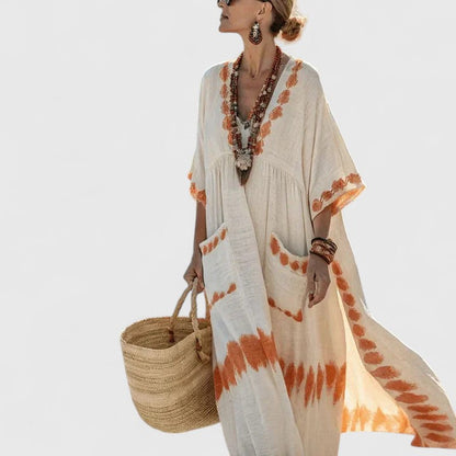 Women's Striped Linen Maxi Dress With Pockets