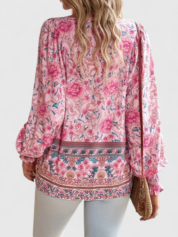 Women's Floral Blouse V-Neck Puff Sleeve