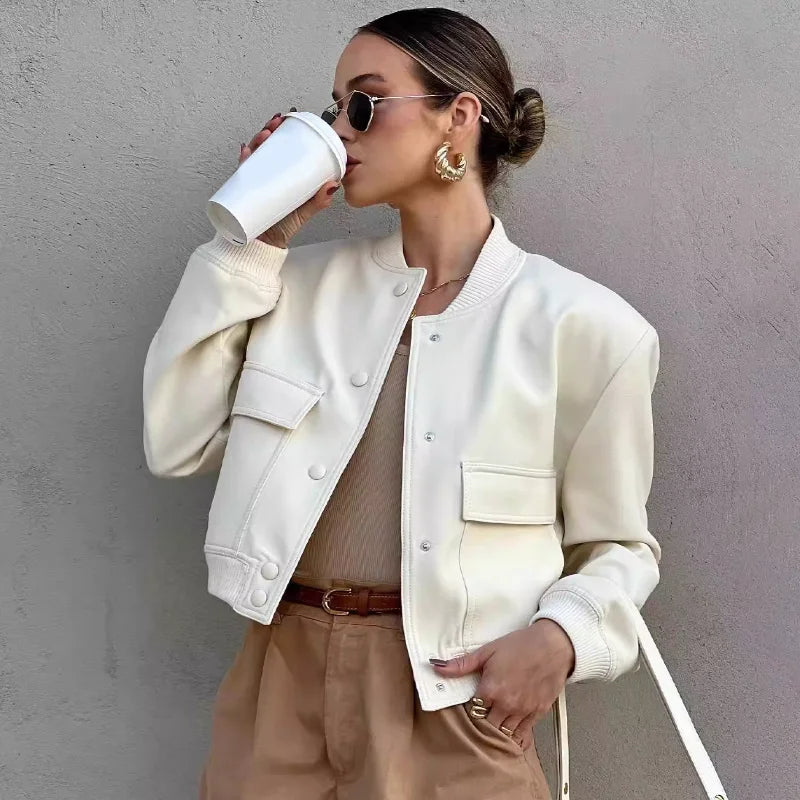 Women's Lightweight Bomber Jacket Cotton Button Front Pockets - Vonnera