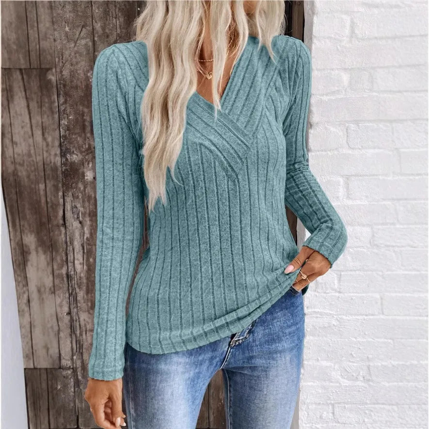 Women's V Neck Sweater Ribbed Texture - Vonnera