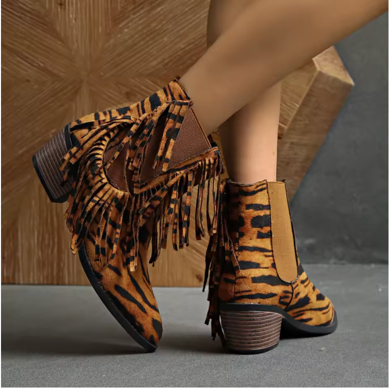 Women's Animal Print Fringe Boots - Vonnera