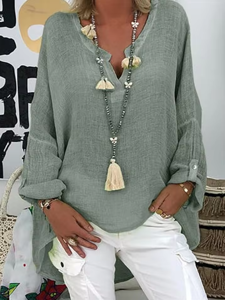 Women's Relaxed Fit V-Neck Blouse Long Sleeve