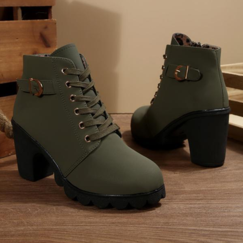 Women's Lace-Up Ankle Boots Chunky Heel Black