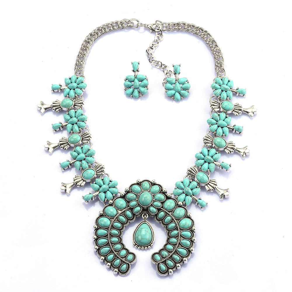 Southwest Turquoise Blossom Necklace Set - Vonnera
