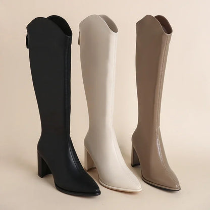 Women's Knee High Boots Side Zip Block Heel Comfortable