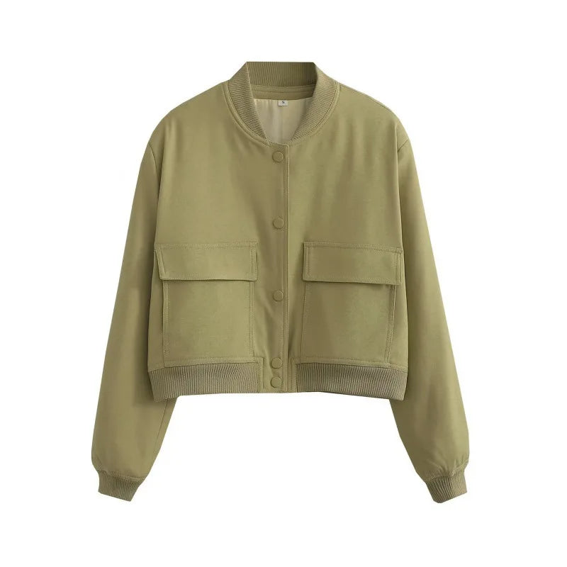 Women's Lightweight Bomber Jacket Cotton Button Front Pockets