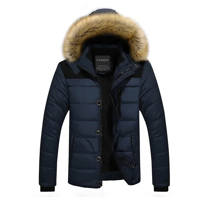 Men's Down Parka Wool Lined Hooded Fur Collar Jacket
