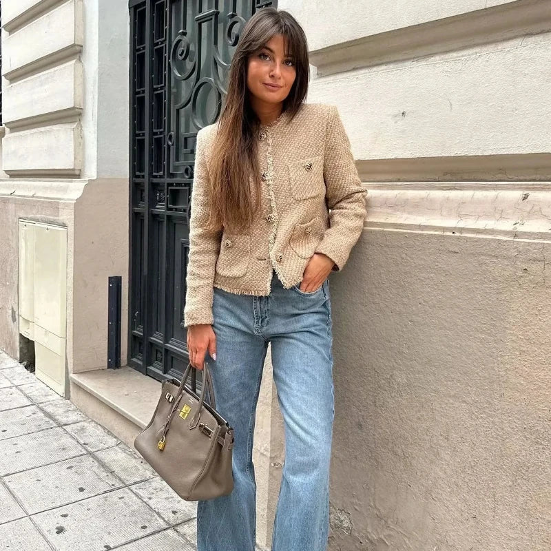 Women's Tweed Cropped Jacket Long Sleeve Beige - Vonnera