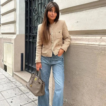 Women's Tweed Cropped Jacket Long Sleeve Beige - Vonnera