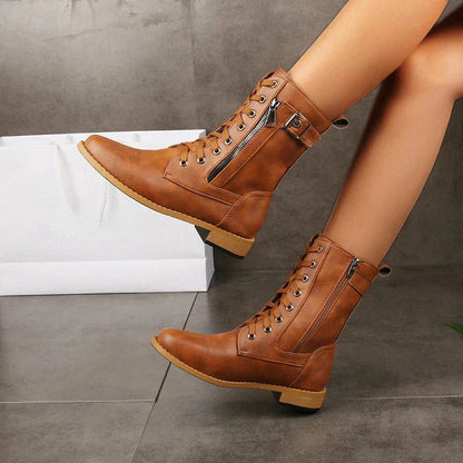 Women's Mid-Calf Combat Boots Lace-Up Buckle Design - Vonnera